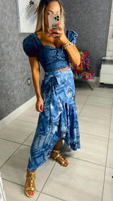 1050 Print denim wrap skirt with flounce