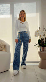 1940 Embroidery front wide leg denim pants