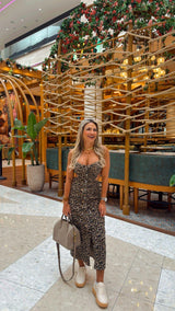 0107 Leopard side cut out denim midi dress