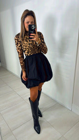 6575 Bubble hem leopard mesh mini dress