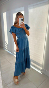 0581 Denim dress off shoulder neckline