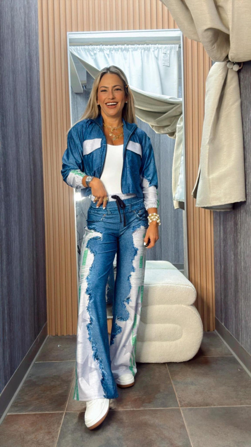 1238 Green striped ripped denim print jacket and pant set