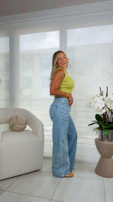 6045 Side embroidered wide denim pants