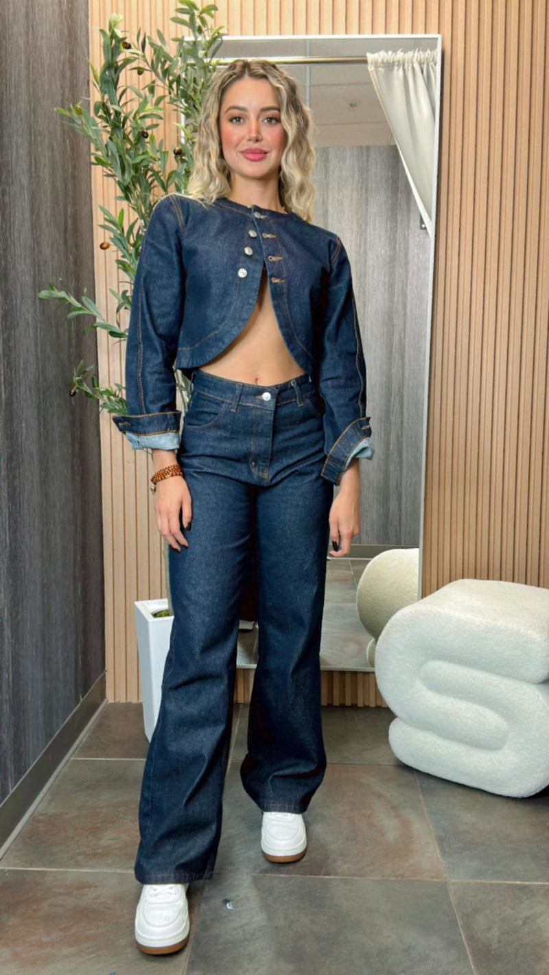 0386 Cropped jacket denim and pants set