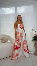 3041 Printed woven strapless maxi dress