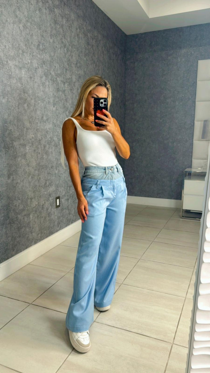 8673 Double waisted striped pants