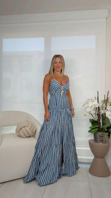 9623 Stripe V-neck o-ring maxi dress