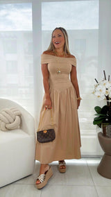 5231 Basque waist off shoulder dress