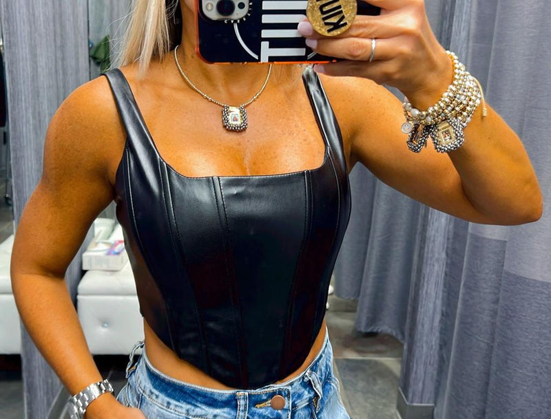 7638 Synthetic leather tie back corset top