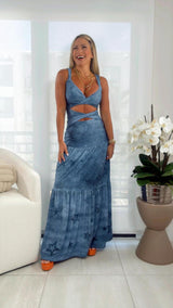 1548 Denim star print open front maxi dress