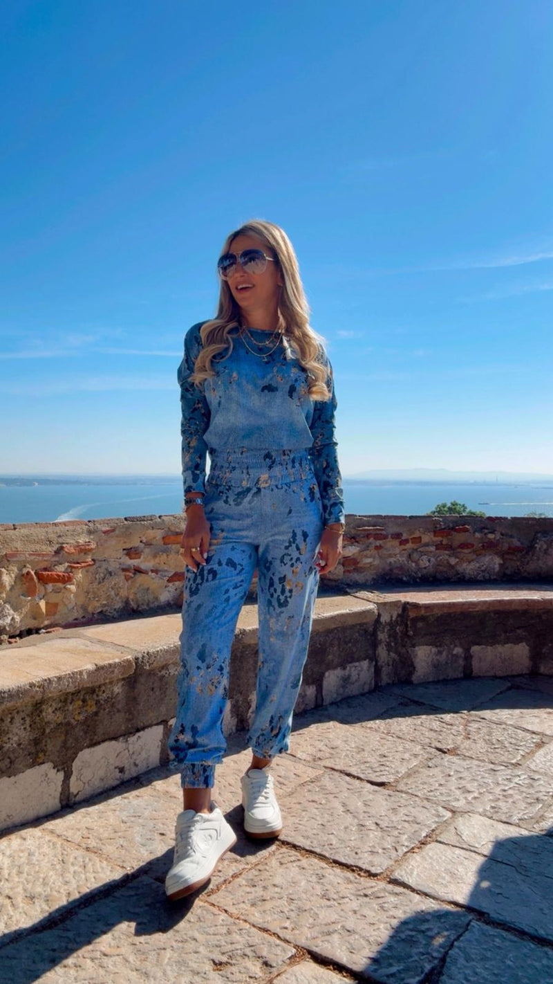 1702 Denim Leopard long sleeve top and jogger set KIUT
