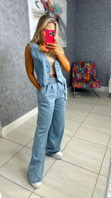 3556 Denim vest and wide leg pant set