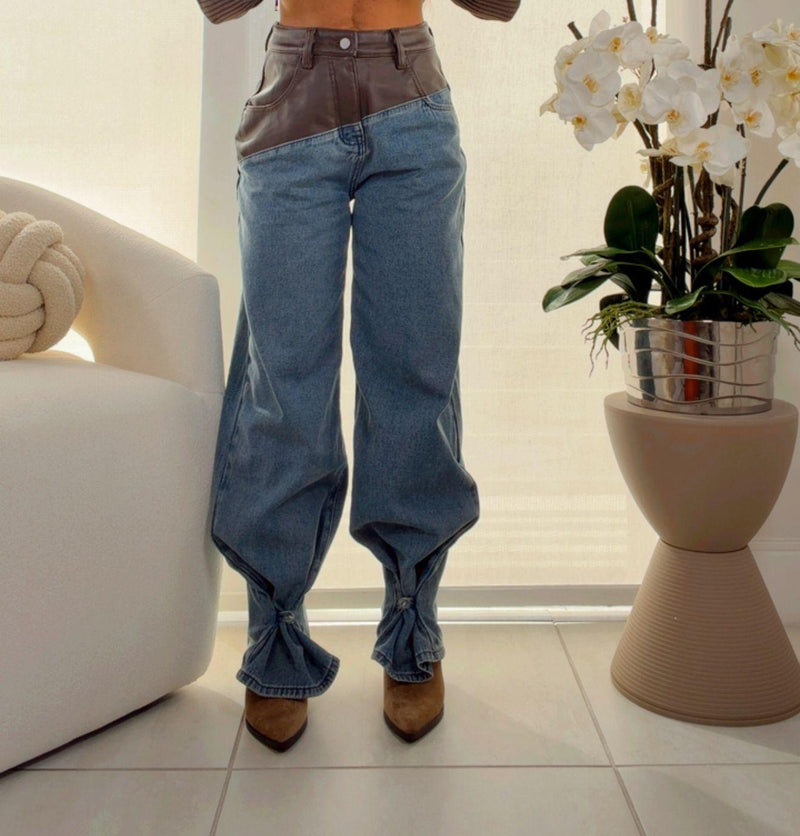 8922 Contrast waist leather denim pants