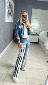 1238 Black striped ripped denim print jacket and pant set