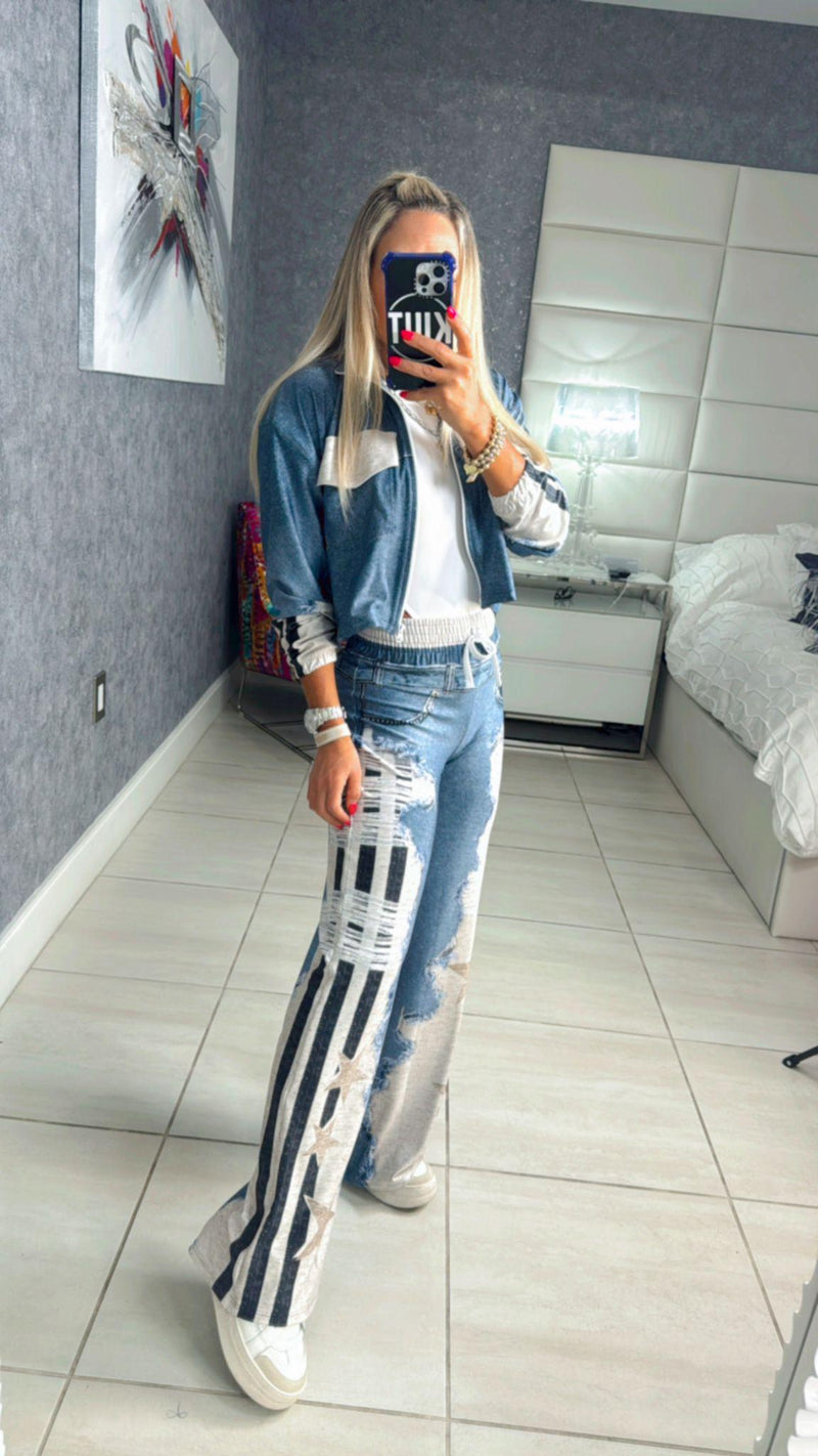 1238 Black striped ripped denim print jacket and pant set