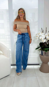 T486 Elastic waist strech denim pants