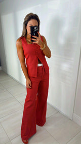 3055 Solid vest and double waistband pants set