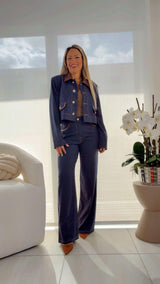 H485 Contrast leather detail jacket and pants set