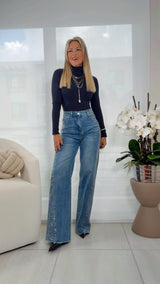 2820 Shiny on side wide leg denim pants