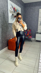 3209 Solid stretch faux leather pants