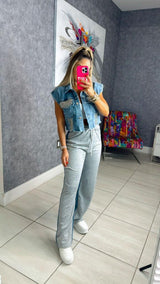 7095 Cotton and denim pants with elastic waistband