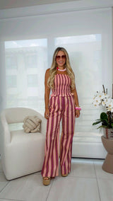 5854 Stripe peplum top and pants set