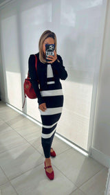 6142 Stripe midi dress with solid cardigan set