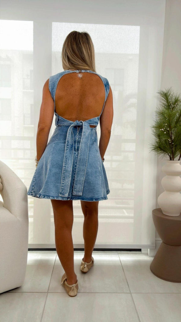8921 Denim backless a line mini dress
