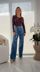 1940 Embroidery front wide leg denim pants