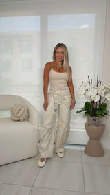1028 Flower denim barrel pants