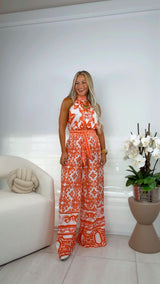 4726 Border print halter neck jumpsuit