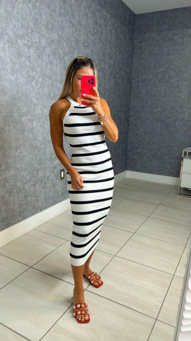 7768 Halter neck mini stripes dress