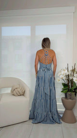 9623 Stripe V-neck o-ring maxi dress
