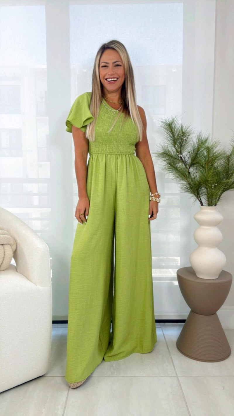 7265 One shoulder smocked top woven jumpsuit