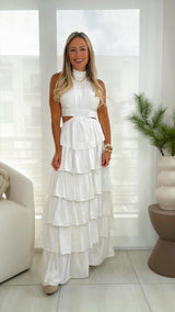 6054 Halter neck ruffle long dress