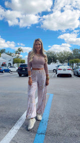 1768 Denim Leopard mesh top and harem pants set kiut