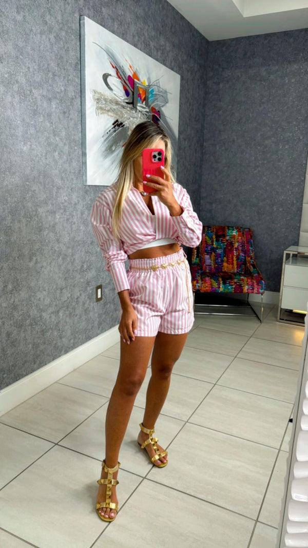 4009 Stripe shorts and long sleeve shirt set