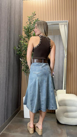3099 Denim midi skirt with belt