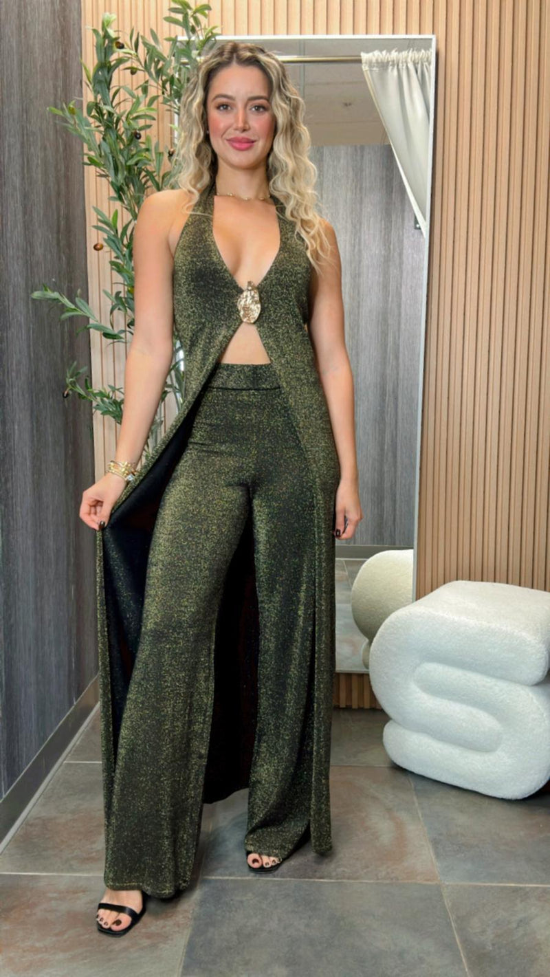 0512 Lurex halter neck long top and short set