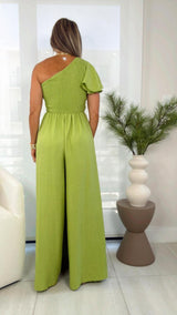 7265 One shoulder smocked top woven jumpsuit