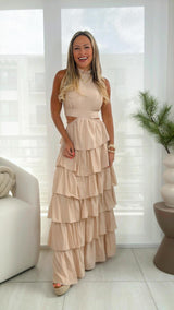 6054 Halter neck ruffle long dress