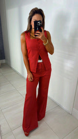 3055 Solid vest and double waistband pants set