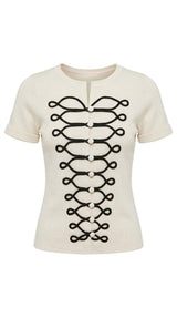 6274 Short sleeve full front lace-up knit top