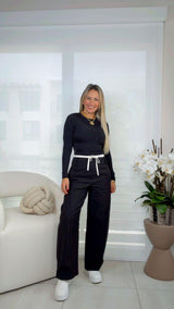 3645 Contrast drawstring wide leg pants