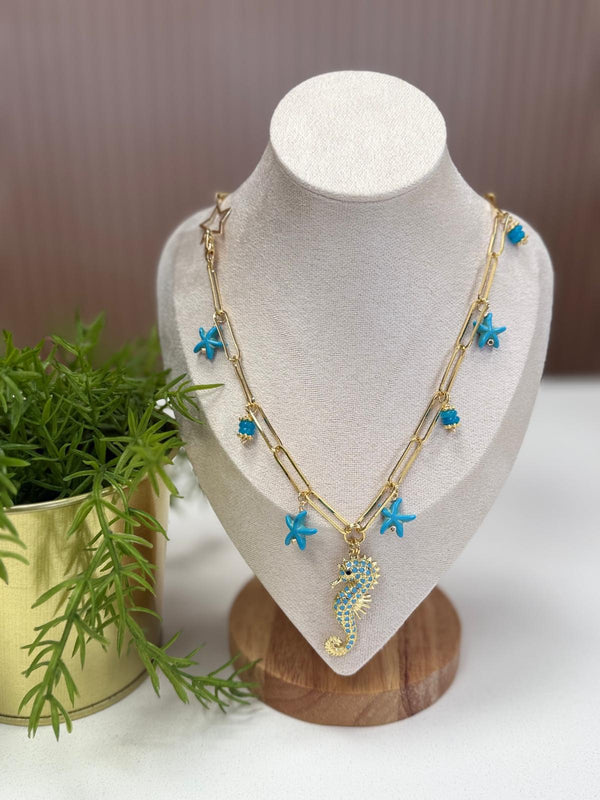 N1041 Seahorse Necklace Blue