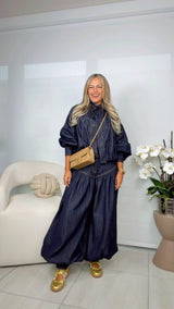 0462 Bubble jacket denim and aladdin pants set