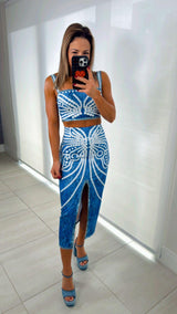 6002 Printed denim top and skirt set