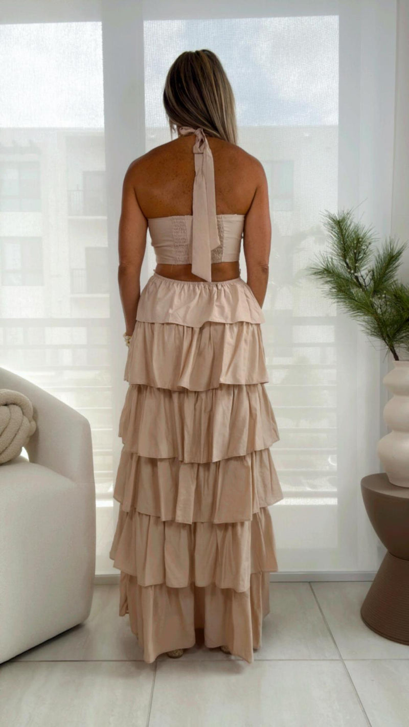 6054 Halter neck ruffle long dress