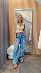 5229 Drawstring waist soft denim pants