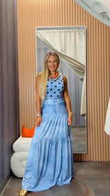 1504 Polka dot denim print body and maxi skirt set Kiut